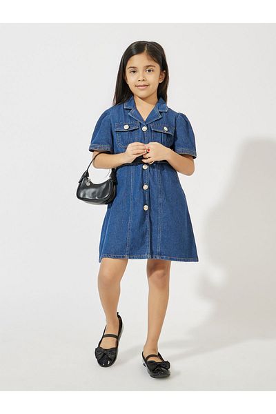 Styli Solid Button Front Puff Sleeve Denim Dress with Belt