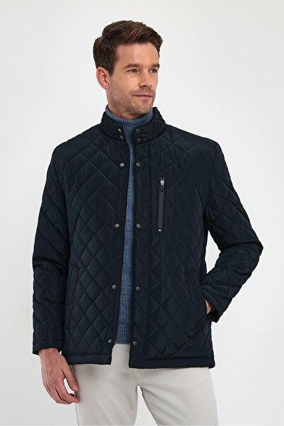 SİVAİST Мъжко тъмно синьо палто с стандартна кройка, подплатено с кожа, с яка с копчета, подплатено, с шарки