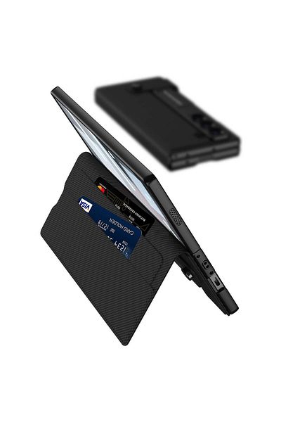 Cleo Cases Galaxy Z Fold 6 Faux Leather Design with Pen Compartment Zore Kipta Card Holder Stand Cover-Black Litchi