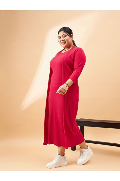 Sassafras By Styli Plus Ribbed Bodycon Midi Dress with Shrug Set