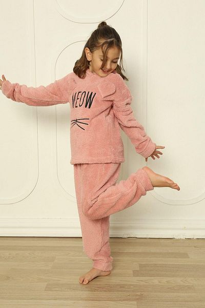 Pijamaevi Girl - Pink Meow Patterned Full Plush Pajama Set