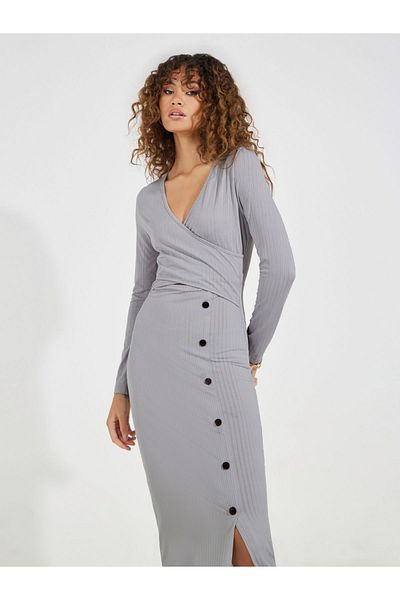 Styli Button Detail Front Slit Bodycon Midi Dress