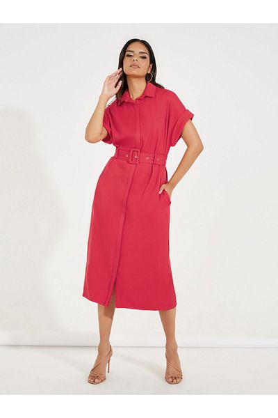 Styli Belted Shirt Midi Dress with Turn-Up Sleeves