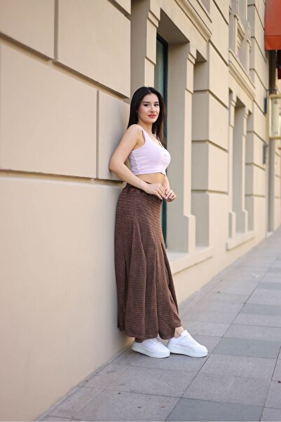 AYASOFYA OTANTIK Кавовий бавовняний трикотажний спідниця - з еластичним поясом, підкладкою і розрізами