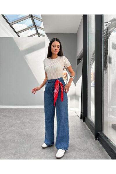 DUSOHOME Ψηλόμεσο τζιν Palazzo με λεπτομέρεια γλώσσας - Πλισέ μπροστά