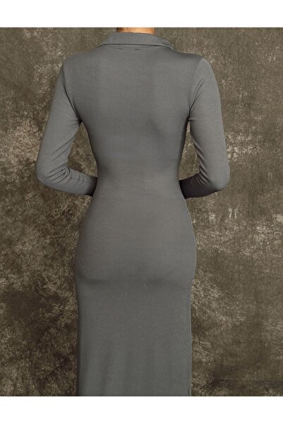 Friday Mood Kadın Polo Yaka İspanyol Kol Yırtmaç Detaylı Midi Elbise