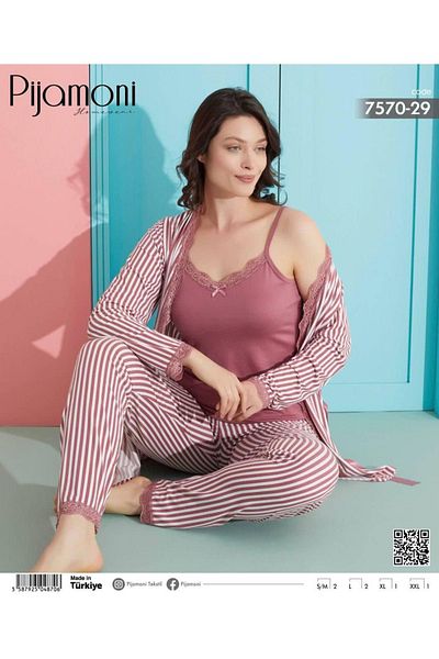 Pijamoni طقم بيجامة نسائية من قماش ميلان بتفاصيل ثلاثية