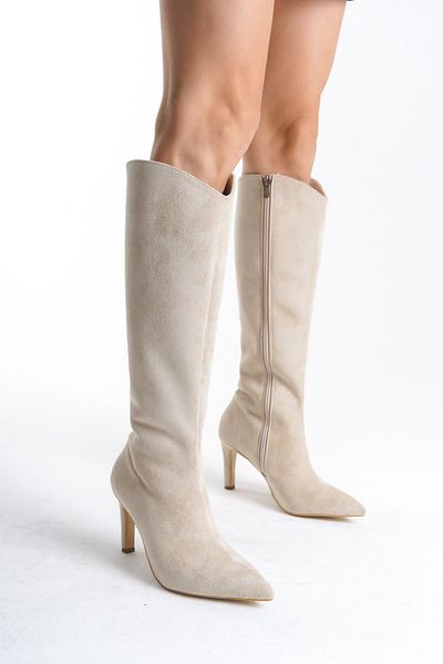 SEEM & BE Beige Jane Wildleder-Damenstiefel mit dünnem Absatz und spitzer Zehenpartie