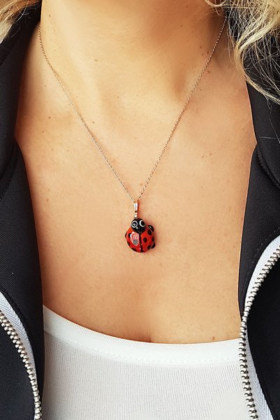 VAOOV El Yapımı Murano Camı Uğur Böceği Gümüş Kolye