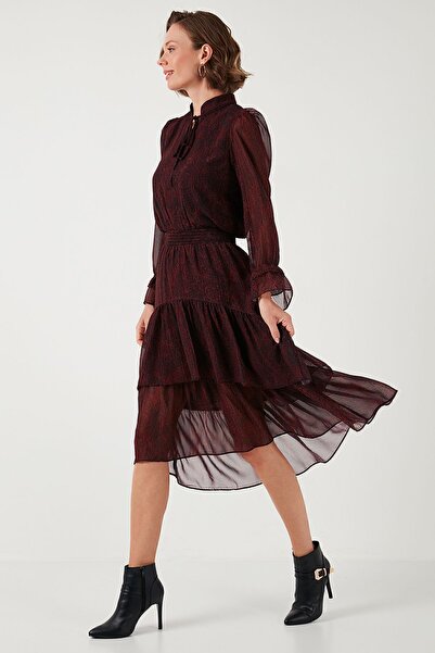 Lela Regular Fit Boyundan Bağlamalı Volanlı Şifon Midi Elbise  ELBİSE 611EL1449