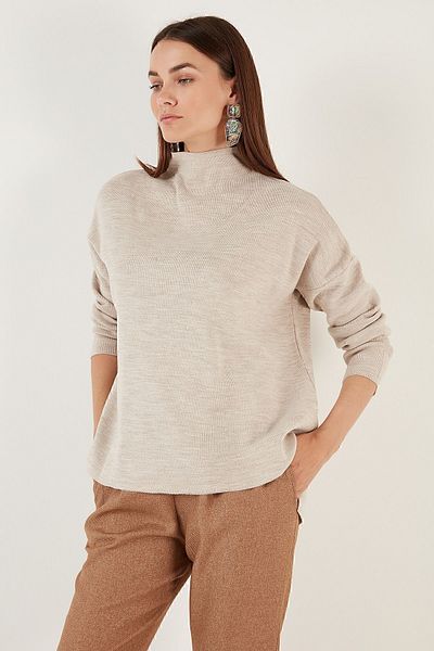 Lela Pulover de damă, bej, cu spatele lung, din bumbac, cu guler înalt 4615002