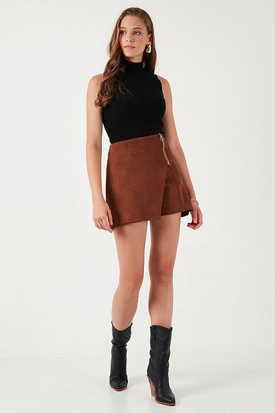 Lela Asymmetric Cut Slim Fit Winter Shorts Skirt - Zipper Detailed 5865969