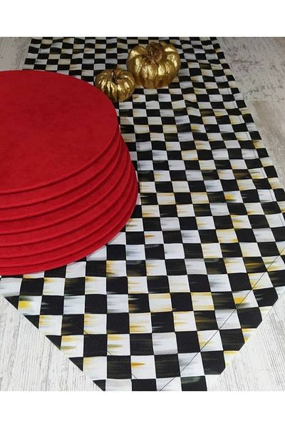 Dream Home Aslıdreamhome Amerika&servis, Alergă cu model de tablă de șah neagră, set de furnizori MDF roșu de 6 bucăți