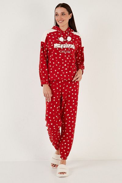 Lela Patterned Regular Fit Hooded Fleece Pajama Set PAJAMA SET 6571001