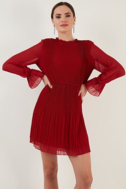 Lela Kol Detaylı Pileli Şifon Mini Elbise Elbise 611shn03