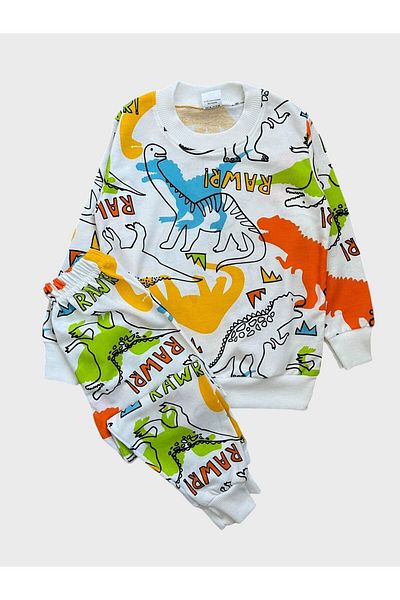 ALİŞ KİDS Set de pijamale sezonier cu mâneci lungi cu imprimeu de dinozauri de culoare albă din bumbac pentru băieți