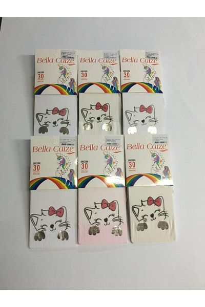 Bella Calze Children's White Ribbon Cat Patterned 6-Piece Pantyhose