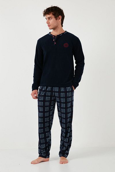 Buratti Σετ χειμωνιάτικων ανδρικών πιτζάμες fleece - καρό, με κουμπιά, λαιμόκοψη, κανονική εφαρμογή - 609