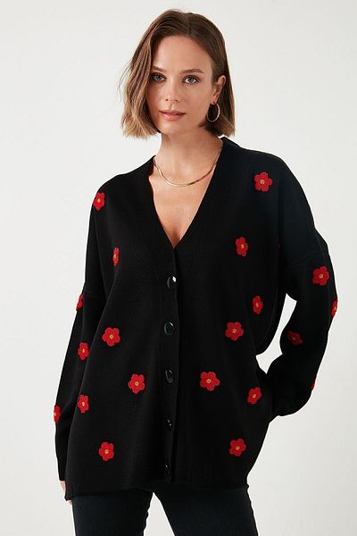 Lela Soft Acrylic V-neck Floral Cardigan - Oversize Fit Cardigan 4616192