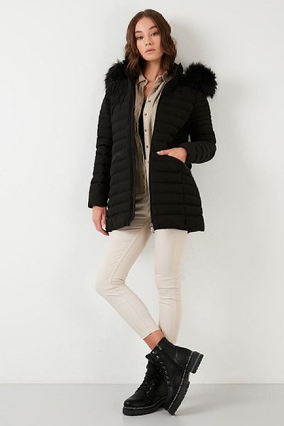 Lela Women's Faux Fur Collar Removable Hooded Puffer Coat 497kylıe21