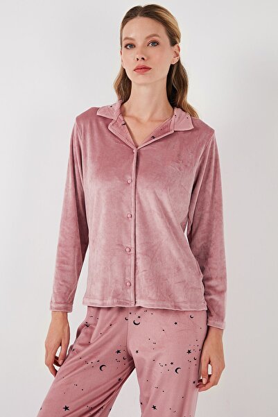 Lela Shiny Patterned Regular Fit Velvet Pajama Set - 65713311
