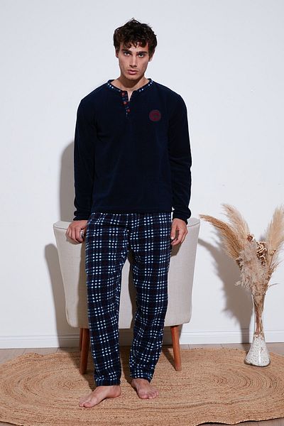 Buratti Σετ χειμωνιάτικων ανδρικών πιτζάμες fleece - καρό, με κουμπιά, λαιμόκοψη, κανονική εφαρμογή - 609