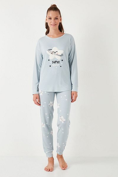 Lela Crew Neck Patterned Pajama Set - Standard Fit Stretch Pajama Set 6095700