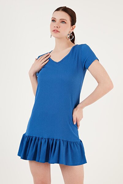 Lela Regular Fit Fırfırlı V Yaka Bürümcük Mini Elbise Elbise 5865071