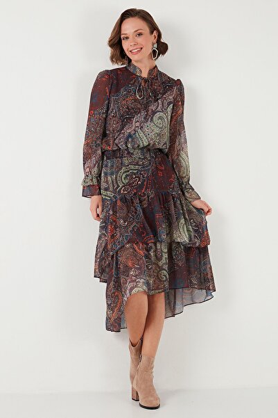 Lela Regular Fit Boyundan Bağlamalı Volanlı Şifon Midi Elbise  ELBİSE 611EL1450