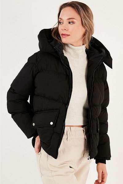 Lela Palton puf cu glugă, cu fermoar, cu detaliu, haină pentru femei 497pearl