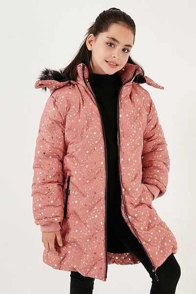 Lela Faux Fur Collar Star Pattern Removable Hooded Plush Lined Winter Coat Girls' M