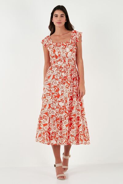 Lela Desenli Regular Fit Kare Yaka Volanlı Midi Elbise  ELBİSE 611EL501