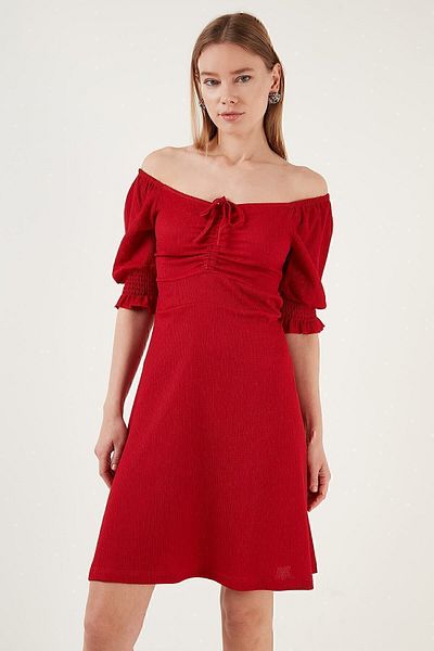 Lela Crinkle Gathered V-Neck Sleeves Gipe Dress Dress 5865034