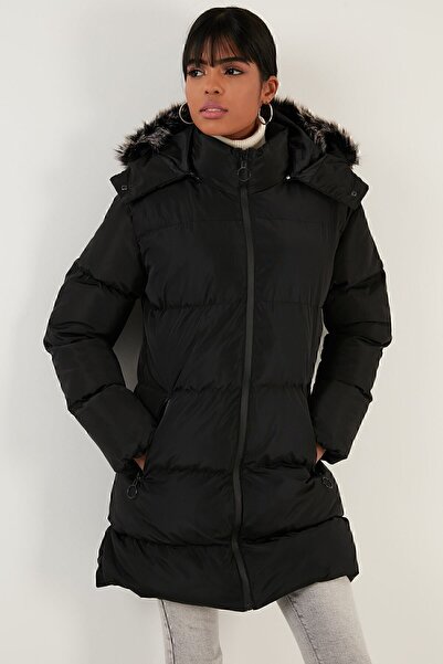 Lela Φουσκωτό παλτό με αποσπώμενες τσέπες με κουκούλα και γιακά από ψεύτικη γούνα 5761645