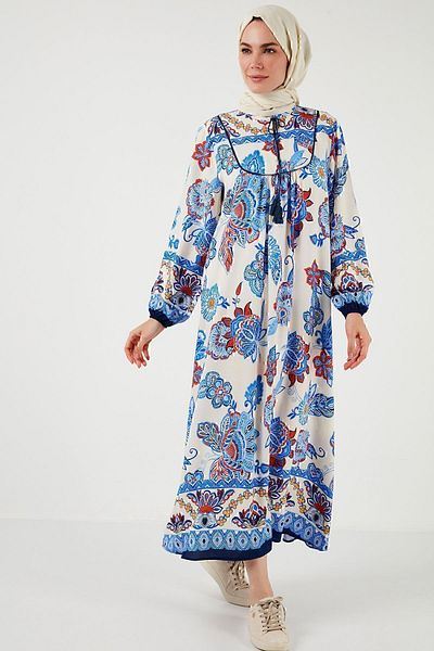 Lela Modest Patterned Regular Fit Tied V-Neck Maxi Dress 611el510