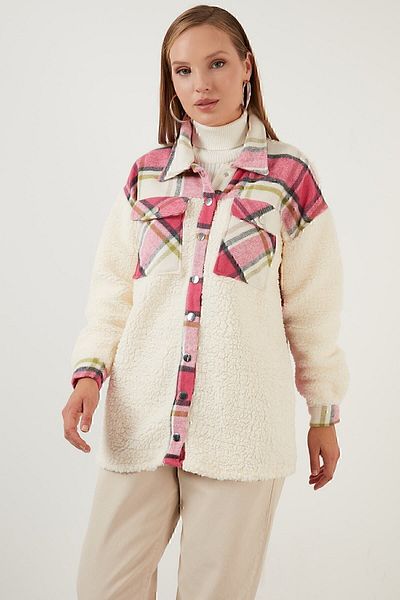 Lela Oversize Plaid Patterned Pocket Faux Fur Winter Shirt Jacket Shirt Jacket 42190477