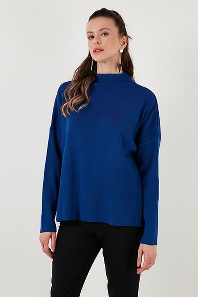 Lela Women's Navy Blue Long Back Cotton High Collar Sweater 4615002