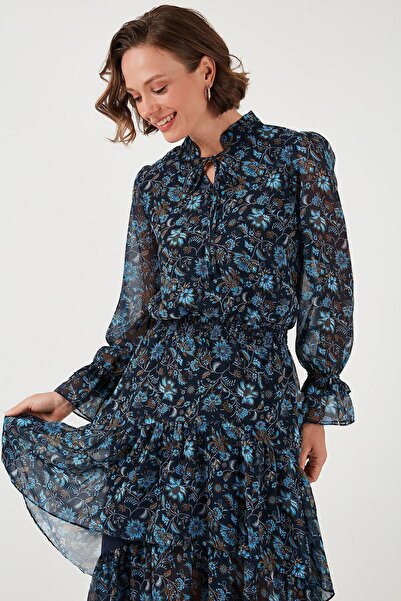 Lela Regular Fit Boyundan Bağlamalı Volanlı Şifon Midi Elbise  ELBİSE 611EL1450