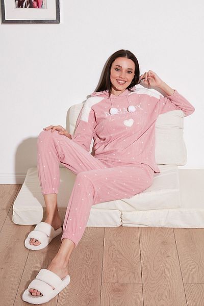 Lela Patterned Regular Fit Hooded Fleece Pajama Set PAJAMA SET 6571002