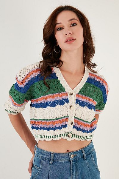 Lela Colorful V-Neck Openwork Crop Cardigan CARDIGAN 6071583