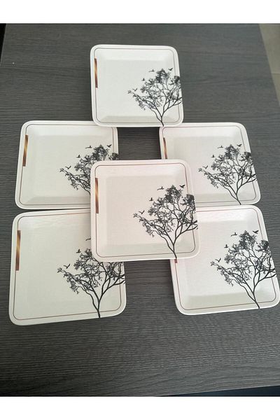 Erbaşlar Luxury Ceramic Wishing Tree Pattern Cake Set for 6 People Service Plate