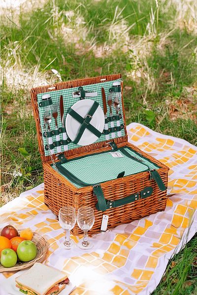 Perotti Picno Italy 2-Person Green Lined Wicker Cooler - Portable Picnic Basket and Accessory Basket