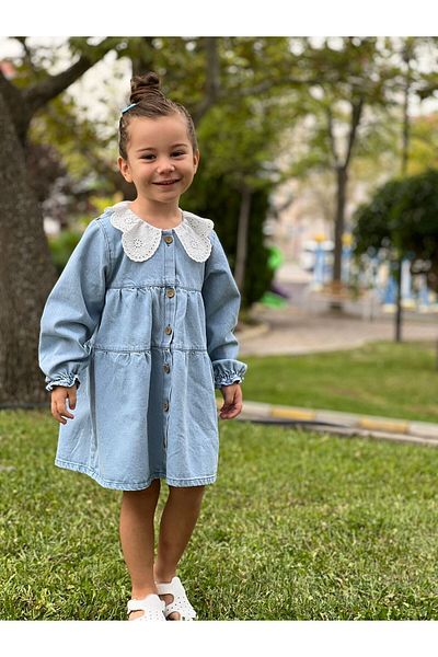 Pollito Girl's Buttoned Collar Detailed Robe Jeans Dress