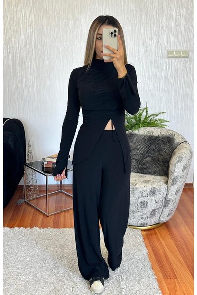 SHINE STYLE بدلة فضفاضة برباط باللون الأسود