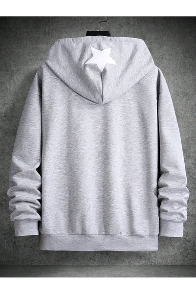 Relax&Basic Unisex Dark Gray Hooded Embroidery Printed Zipper Sweatshirt