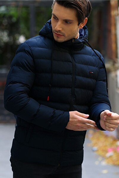 QAWWA Ανδρικά χειμωνιάτικα φουσκωτά παλτό με αντιανεμική κουκούλα με μπλέ Navy επένδυση