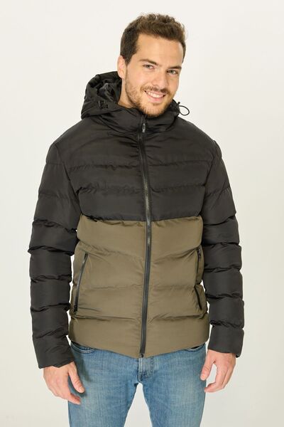 D1fference Pánská černo-khaki bunda Puffer - s kapucí, vodě a větru odolná