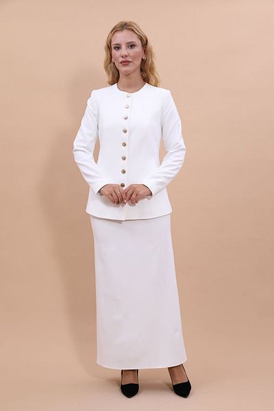 ÖNDER ÖZSOY Ecru Colored Buttoned Belted Jacket and Long Pencil Skirt Set
