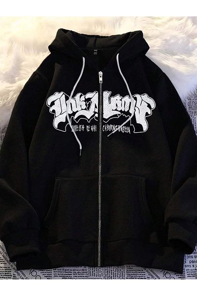 Relax&Basic Unisex Navy Blue Hooded Embroidery Printed Zipper Sweatshirt