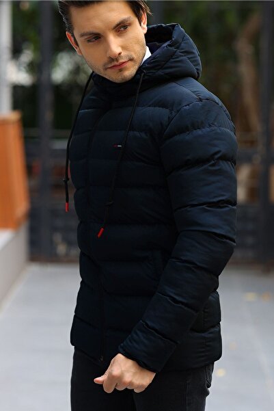 QAWWA Ανδρικά χειμωνιάτικα φουσκωτά παλτό με αντιανεμική κουκούλα με μπλέ Navy επένδυση